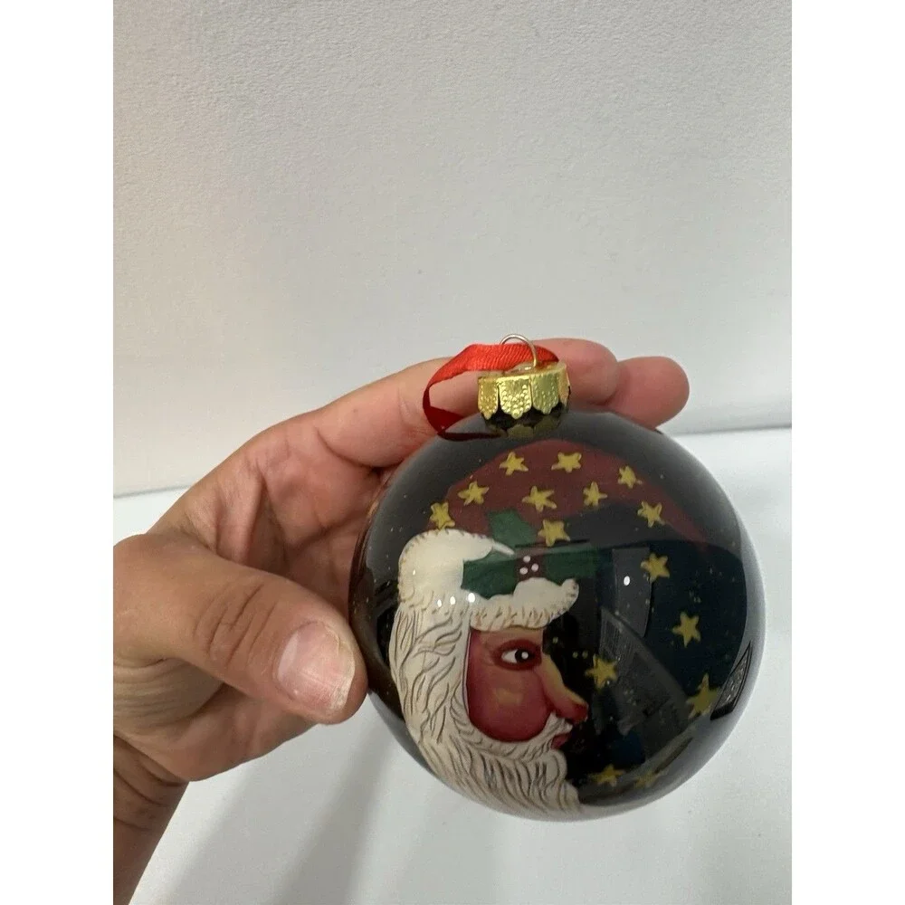 HAND BLOWN  REVERSE PAINTING ON GLASS SANTA Moon Face Double Sided Ornament